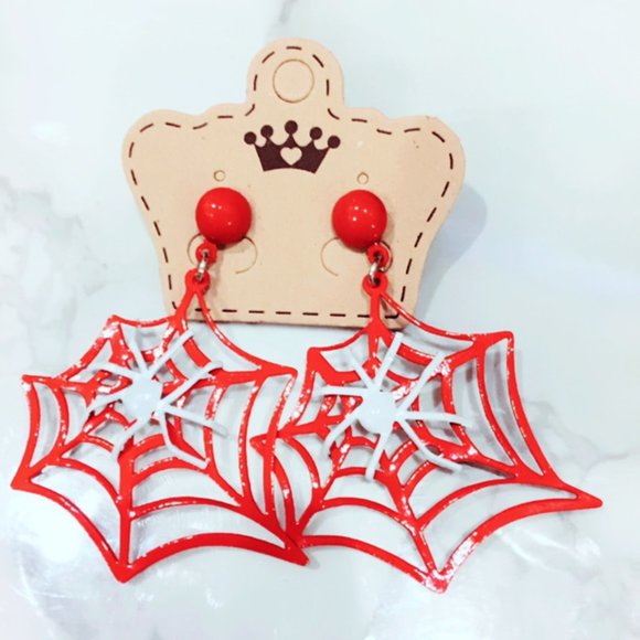 Vintage Jewelry - Red Metal Spiderweb Earrings